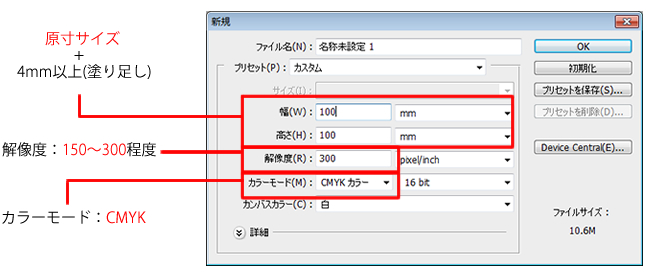 フォトショップでのデータ作成時の設定